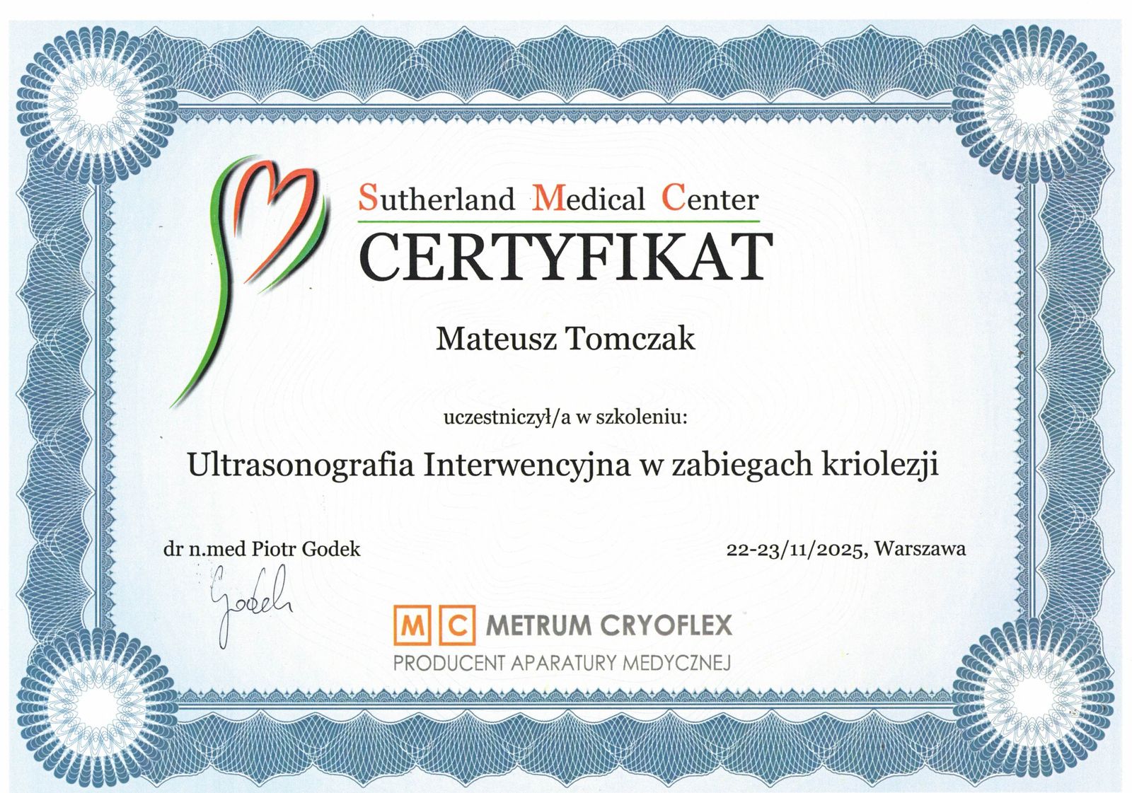 Certyfikat: Ultrasonografia Interwencyjna w zabiegach kriolezji