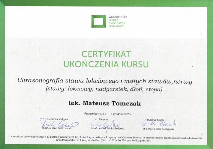 Certyfikat: Ultrasonografia stawu łokciowego i małych stawów, nerwy (stawy: łokciowy, nadgarstek, dłoń, stopa)
